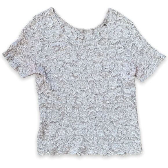 Vintage Lace Top Floral Sheer Blouse Off-White Short Sleeve Crew Neck Scoopneck - Picture 5 of 9